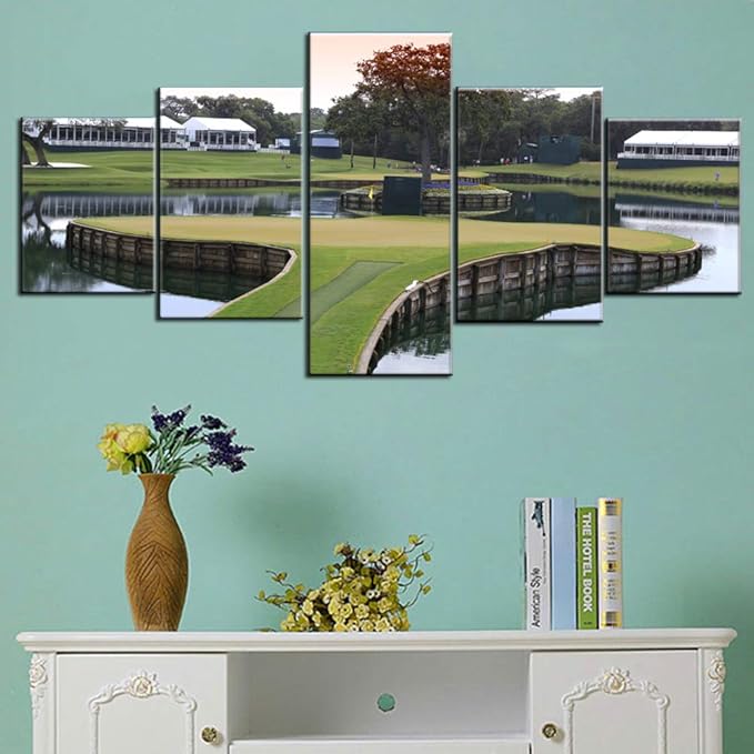 Golf Course Wall Art American Florida Golf Links Pictures for Living Room Multi Panel Canvas Painting Green Lawn Artwork Modern House Decor Wooden Framed Ready to Hang Posters and Prints(50''Wx 24''H)