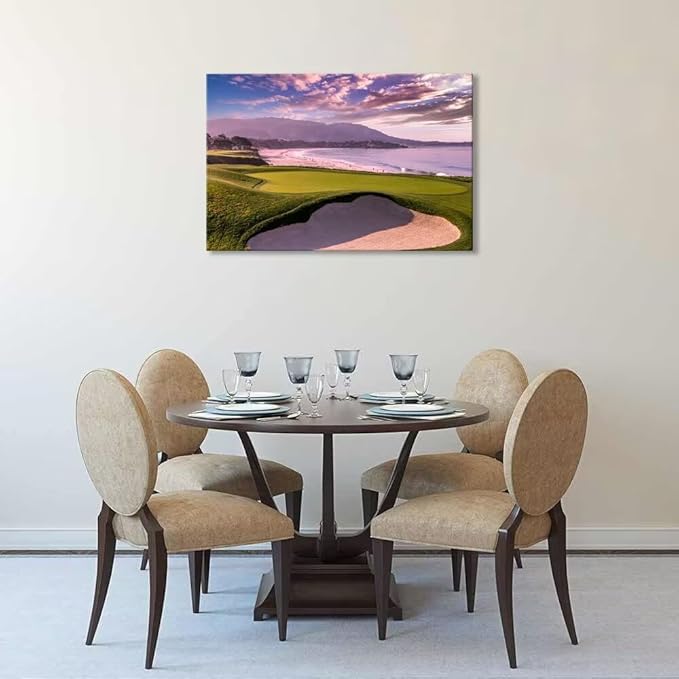 Pebble Beach Golf Course 9th Hole Wall Art for Living Room Bedroom Bathroom Home Decorations Monterey California USA Golf Course Picture Poster Canvas Prints Framed Ready to Hang(12''H x 16''W)