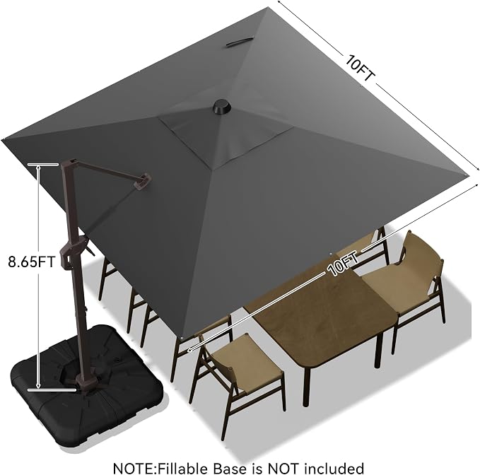 10x10FT Cantilever Outdoor Umbrella, 360° Rotating Large Offset Square Patio - Image 3