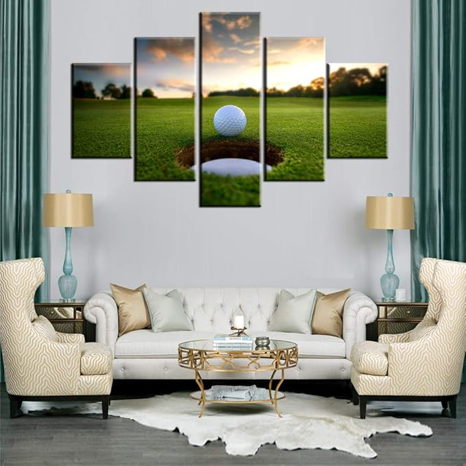 Golf Cours Paintings Golf Ball at Sunset Pictures Green Field Wall Art for Living Room 5 Piece Printed on Canvas Contemporaray Artwork House Decor Famed Gallery-Wrapped Ready to Hang(60''W x 40''H)