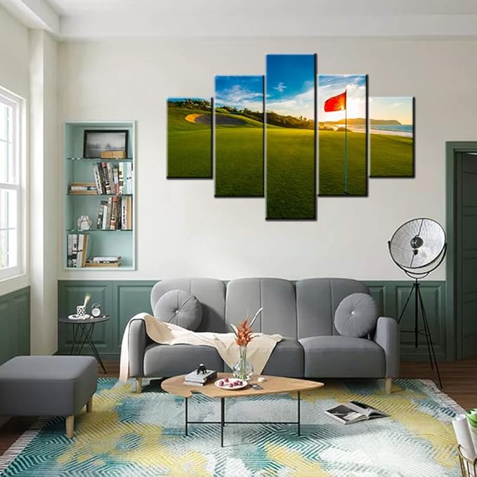 Golfing Pictures for Living Room Golf Course Scenery Paintings Red Flag Artwork 5 Piece Canvas Wall Art HD Prints Contemporary House Decoration Wooden Framed Gallery-Wrapped Ready to Hang(60''Wx40''H)