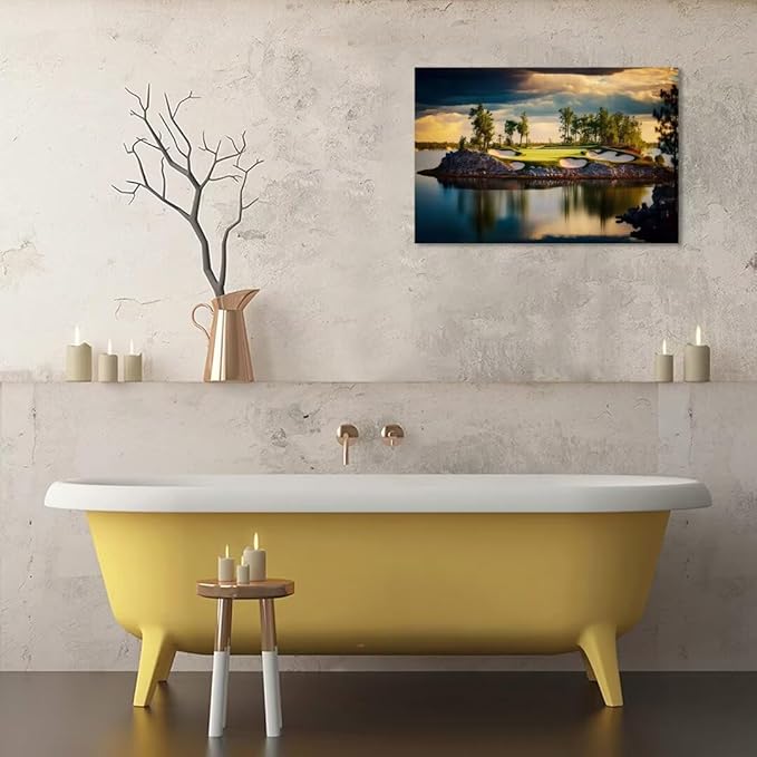 chenchenArt Sunset Landscape Golf Course Wall Art Picture Golf Course Wall Decor for Living Room Bedroom Bathroom Home Decorations Canvas Prints Framed Ready to Hang(28''H x 44''W)