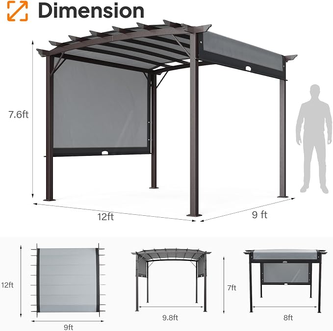VINGLI 9'x 12' Outdoor Retractable Pergola Canopy - Image 2