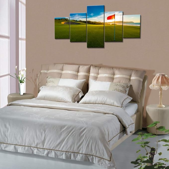 Golf Course Paintings Green Fairway Wall Art 5 Panel Printed on Canvas for Living Room Golfing Sport Pictures Contemporary Artwork Modern Home Decor Giclee Framed Stretched Ready to Hang(50''Wx24''H)