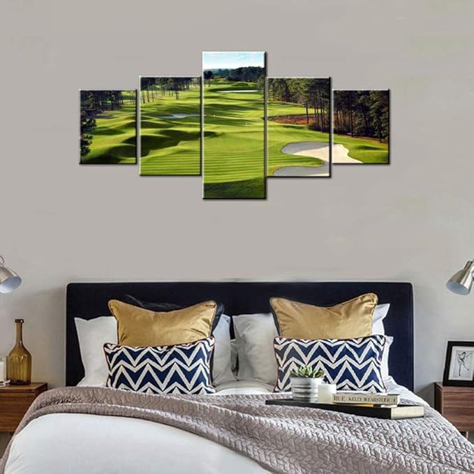Golf Pictures Wall Decor Golf Course Paintings Premium Quality Artwork on Canvas Green 5 Piecs Sand Bunker Wall Art for Living Room House Decor Framed Ready to Hang Posters and Prints(50''Wx24''H)