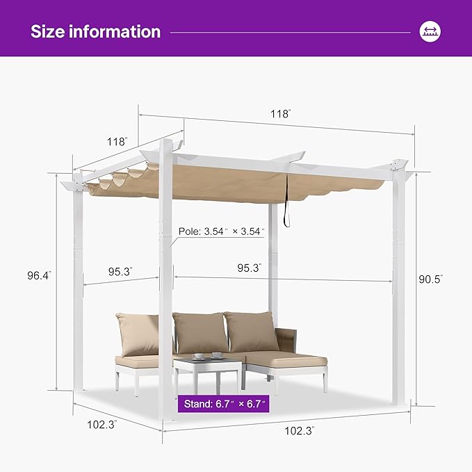 PURPLE LEAF Outdoor Pergola 10' x 10' White Pergola, Double Canopy, Khaki | - Image 3