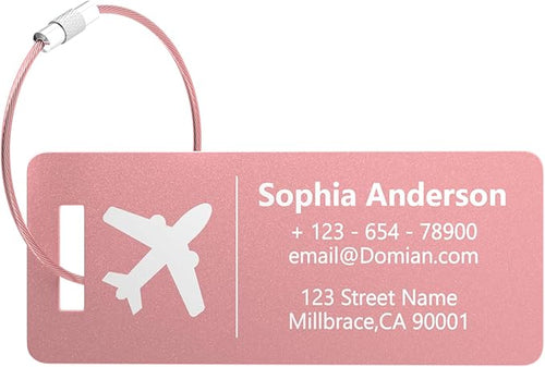 10 Personalized Metal Luggage Tags, Custom Suitcase Aluminum Name Tags with Steel Ring, Laser Engraved Name and Logo, for Travel, Backpack, Baggage, Golf Bag (Pink)