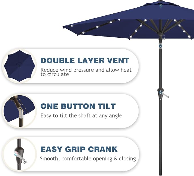 9FT Patio Umbrella with Solar Lights, Outdoor Market Umbrella with Tilt and - Image 2
