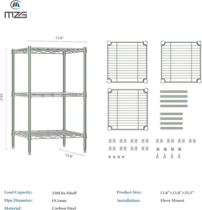 M MZG 750 lbs 3-Shelf Storage Shelves Wire Shelving Unit Standing Metal Rack - Image 3