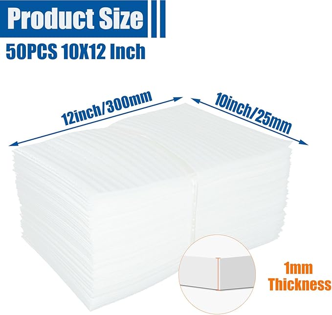 50 Pack Foam Pouches, Cushion Foam Pouch for Moving and Storing, 10"X 12" Foam Wrap Pouches Protect Fragile Items, Protect mug, Glasses, China, and Dishes, Packing supplies