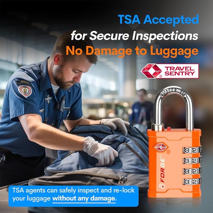 FORGE 4-Digit TSA Approved Travel Locks – TSA008 Key System, Key Duplication Impossible, Heavy-Duty Combination Padlock for Travel, Gym, Pelican Case. Orange 2 Locks.