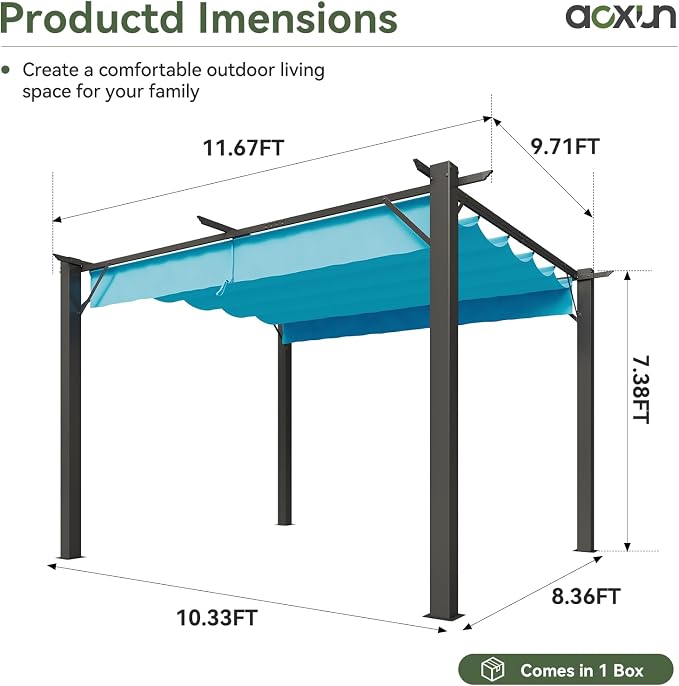 Aoxun 10'x12' Outdoor Retractable Pergola, Heavy Duty Metal Frame Pergola - Image 2