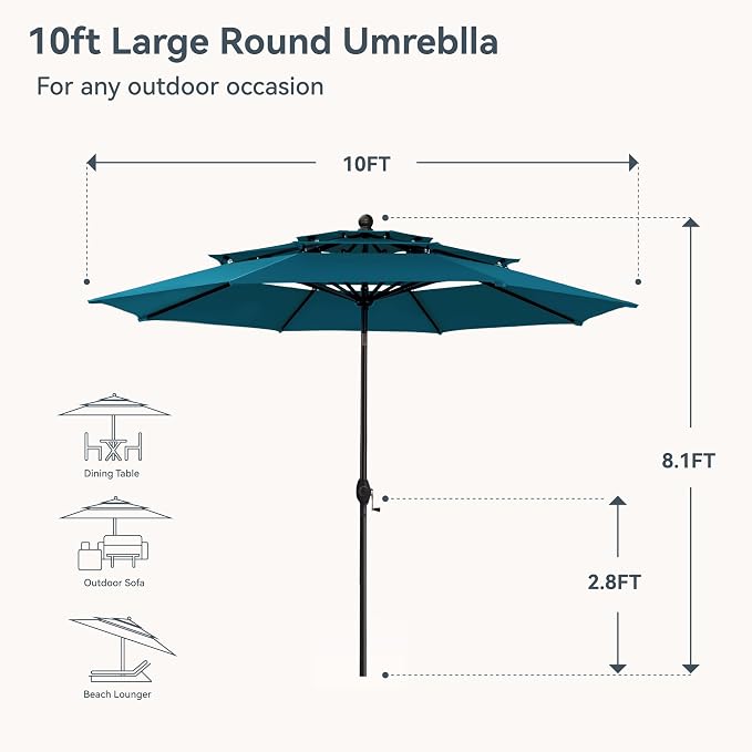 PHI VILLA 10ft Outdoor Patio Umbrellas, 3 Tier Vented Table Umbrella, Cyan | - Image 2