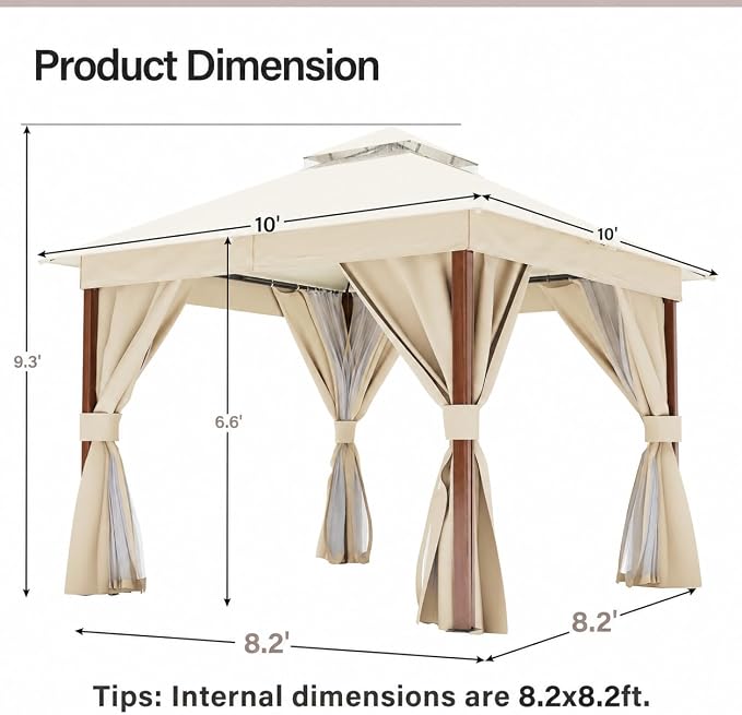 10'x10' Outdoor Gazebo, Wood Grain Frame Heavy Duty Patio Canopy Tent Shelter - Image 2