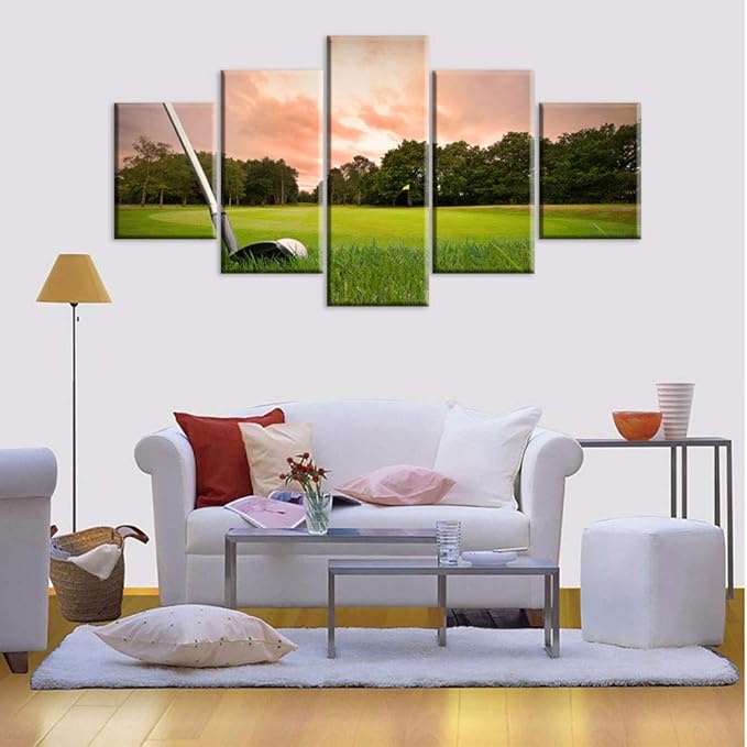 Golf Wall Art 5 Panels Canvas Pictures HD Prints Green Course with Golf Club Paintings Living Room House Decoration Fantasy Landscape Artwork Gallery-Wrapped Framed Ready to Hang Gift(60''W x 32''H)