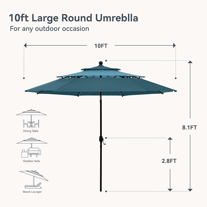 PHI VILLA 10ft Outdoor Patio Umbrellas, 3 Tier Table Umbrella, Cyan & Green | - Image 2