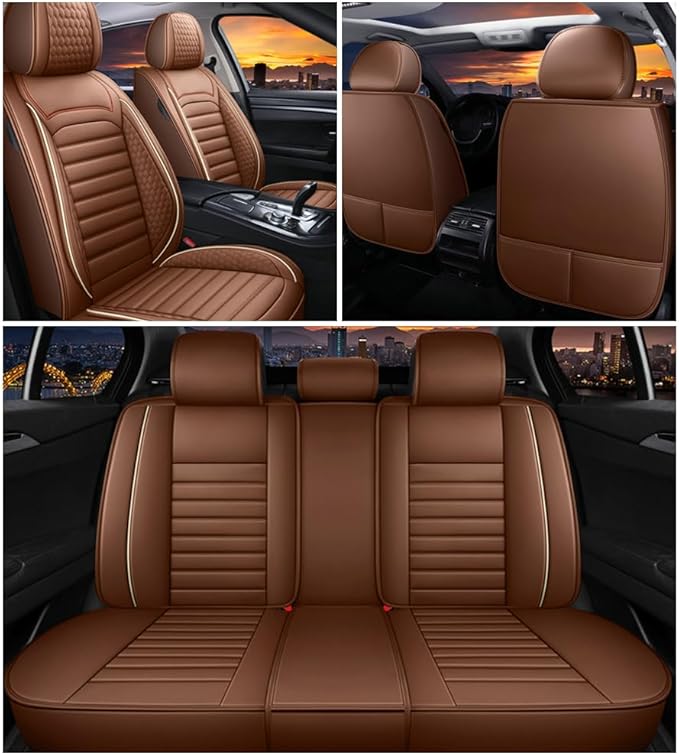 Leather Car Seat Covers for Volkswagen Golf 2001-2021,Car Seat Covers Full Set,Seat Covers with Safety,Waterproof Seat Cover Compatible Airbag(5pcs Coffee Standard)