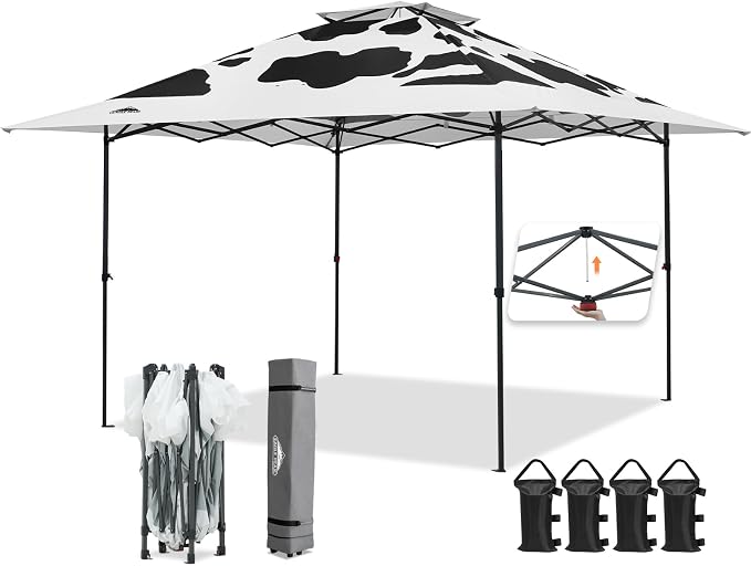EAGLE PEAK 13x13 Pop Up Canopy Tent, Auto Extended Eaves, Cow Print | Easy Setup by EAGLEPEAK