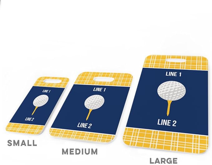 ChalkTalkSPORTS Golf Luggage & Bag Tag | Personalized Team with Golf Ball | Standard Lines on Back | Medium | Gold/Navy