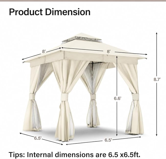 8'x8' Outdoor Gazebo, Metal Frame Heavy Duty Patio Canopy Tent Shelter - Image 2