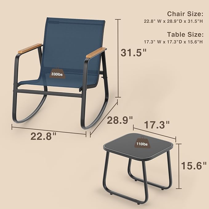 3-Piece Outdoor Rocking Bistro Set, Patio Furniture Set, 2 Rocking Chairs - Image 9