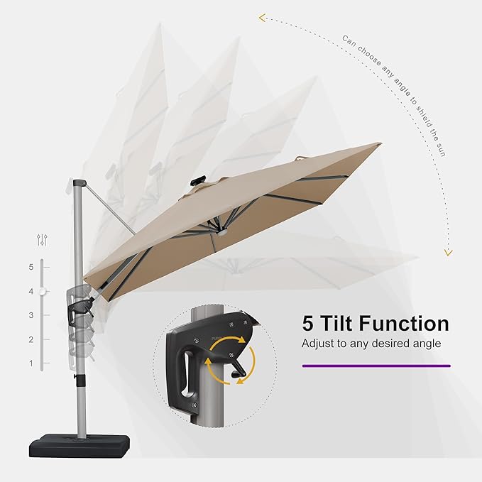 PURPLE LEAF Cantilever Umbrella 10' X 10' Solar LED Light Patio Deck, Support - Image 5