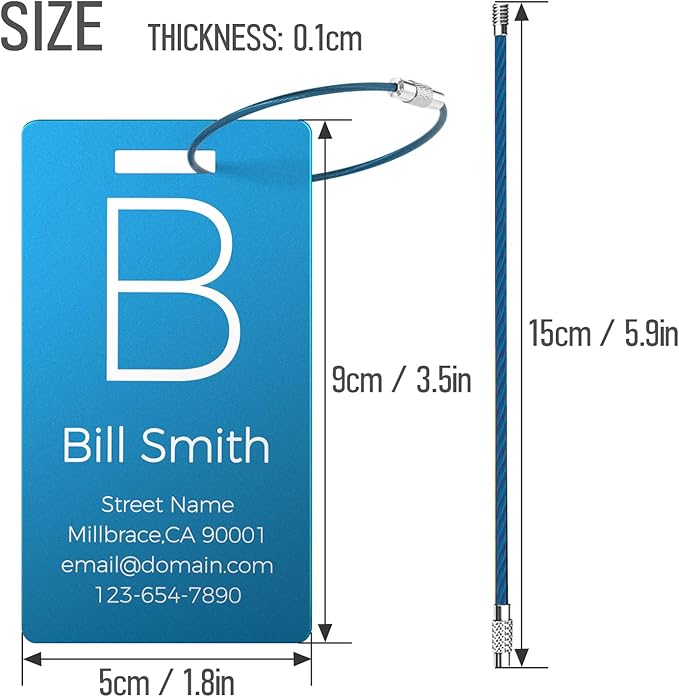 4 Personalized Metal Luggage Tags for Suitcase, Laser Engraved with Text and Logo, Custom Aluminum Name Tags with Stainless Steel Ring, for Travel, Golf Bag, and Baggage (Blue)
