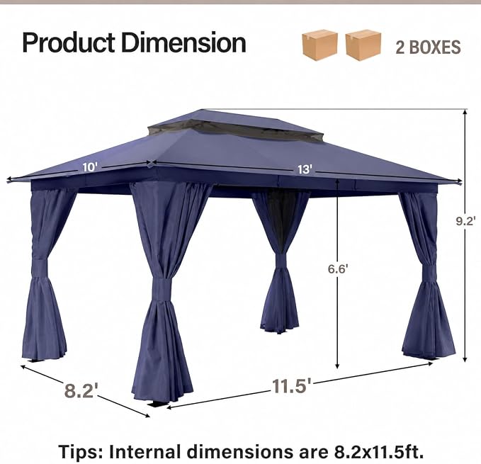 10'x13' Outdoor Gazebo, Heavy Duty Metal Frame Patio Canopy - Image 2