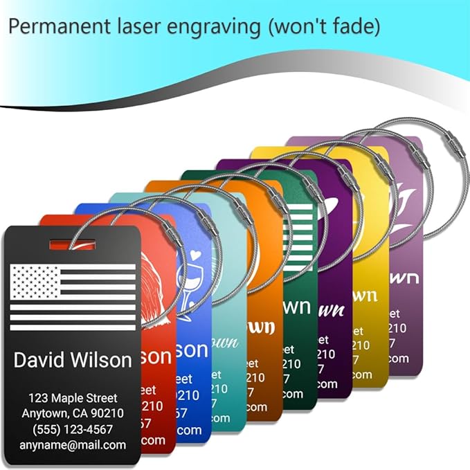 Personalized Luggage Tags for Suitcases 4 Pack – Custom Metal Name Tag for Travel, Golf Bag, and Baggage – Durable Aluminum Luggage Name Tags (Adventure Collection, Gold)
