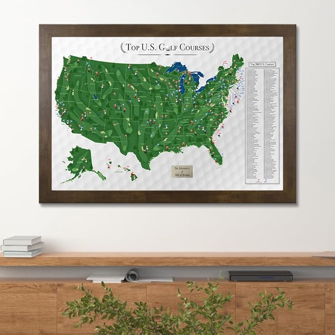 Push Pin Travel Maps Customizable Wall Art - Top Golf Courses USA Map - Rustic Brown - Personalized Framed Pin Map, Includes 150 Pins - Handcrafted in USA - 27.5" x 39.5"