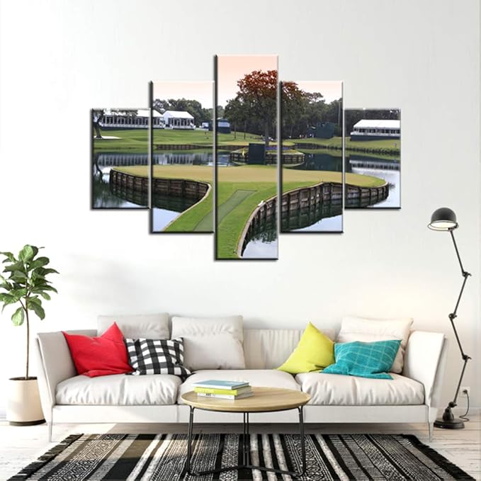 Golf Course Green Paintings for Living Room United State Golf Links Pictures 5 Piece Prints Wall Art on Canvas Gallery-Wrapped Contemporary Artwork Home Decor Wooden Framed Ready to Hang(60''Wx40''H)