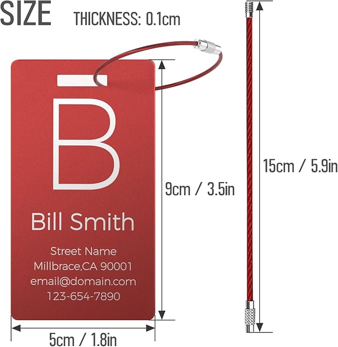 Personalized Metal Luggage Tags, Custom Suitcase Aluminum Name Tags with 5.9in Steel Ring, Laser Engraved Text and Logo, for Travel Gift, Baggage, Golf Bag (Red)