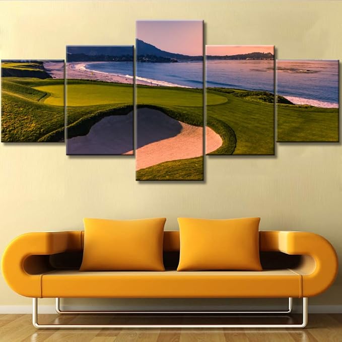 Native America Wall Pictures for Living Room Public Golf Course of Pebble Beach Wall Art 5 Piece Canvas Prints Artwork Giclee GolfingPainting Modern House Decor Framed Ready to Hang Gift(50''Wx24''H)