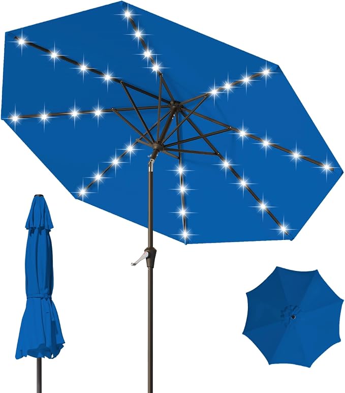 9FT Patio Umbrella with Solar Lights, Outdoor Market Umbrella with Tilt and by YourPerfectOutdoorEscape