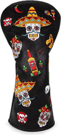 Golf Club Headcover for Drivers, Fairway Woods, Hybrids, and Mallet Blade Putter Sugar Skull Style Premium Leather Golf Headcovers Set with Interchangeable No. Tags