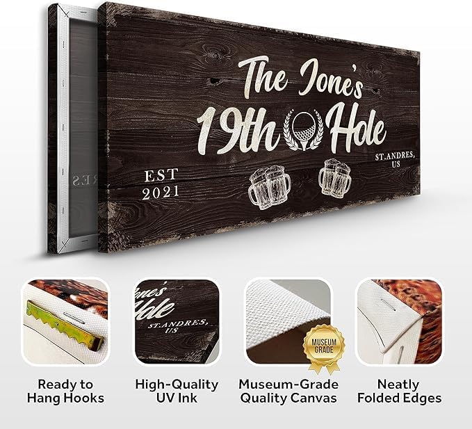 TAILORED CANVASES Golf Art Decor - Personalized Vintage Golf Wall Art Sign for Man Cave, Bedroom, Basement, Home Bar and Custom Gift for Husband, Dad, Wedding & Anniversary - 19th Hole Sign, 60"x30"