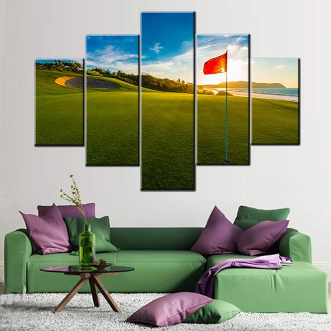 Golfing Pictures for Living Room Golf Course Scenery Paintings Red Flag Artwork 5 Piece Canvas Wall Art HD Prints Contemporary House Decoration Wooden Framed Gallery-Wrapped Ready to Hang(60''Wx40''H)
