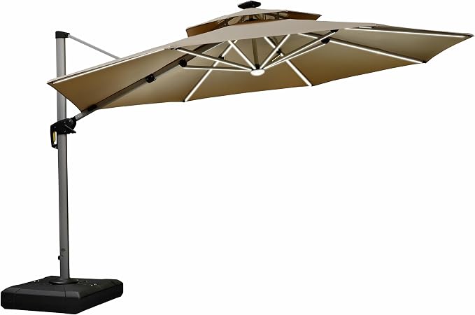 PURPLE LEAF Cantilever Umbrella 12ft Solar LED Light Double Top, Support to by PURPLELEAF