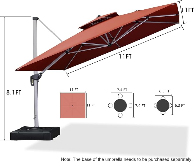 PURPLE LEAF Cantilever Outdoor Umbrella 11'x 11' Large Double Top Brick Red | - Image 8