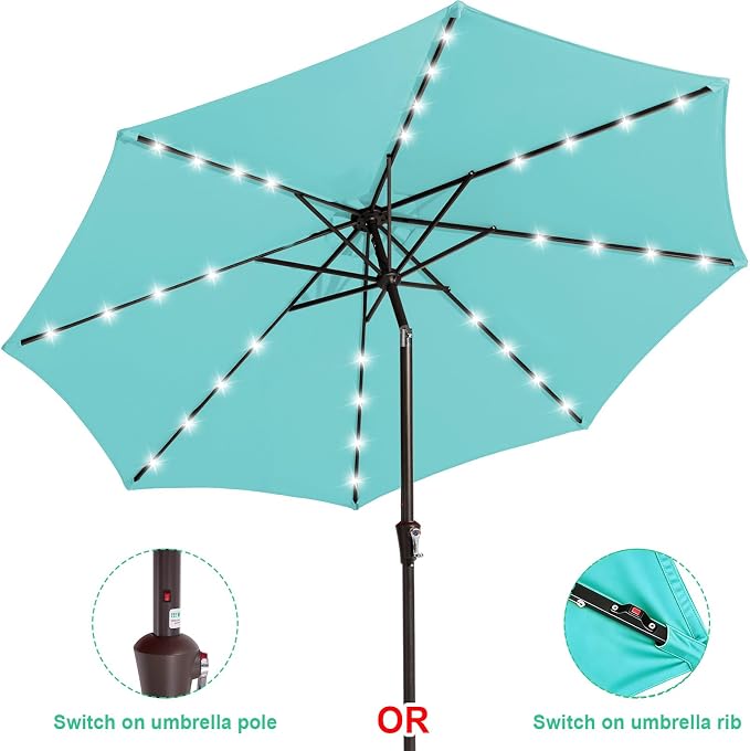 JEAREY 9' Patio Umbrella with Solar Lights, LED Umbrella, Teal | Outdoor Table - Image 2