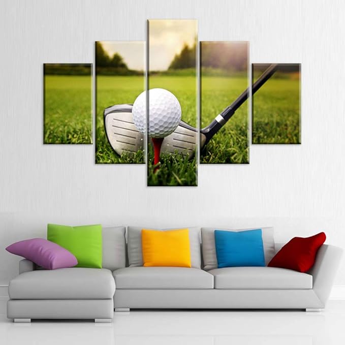 5 Piece Canvas Wall Art Golf Course at Sundown Pictures for Living Room Contemporary Paintings Giclee Golfing Artwork House Decorations Wooden Framed Ready to Hang Poster and Prints(60''W x 40''H)