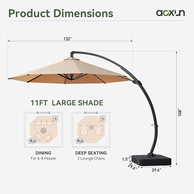 Aoxun 11 FT Cantilever Umbrella, Patio Large Aluminum Offset Umbrella Windproof - Image 2