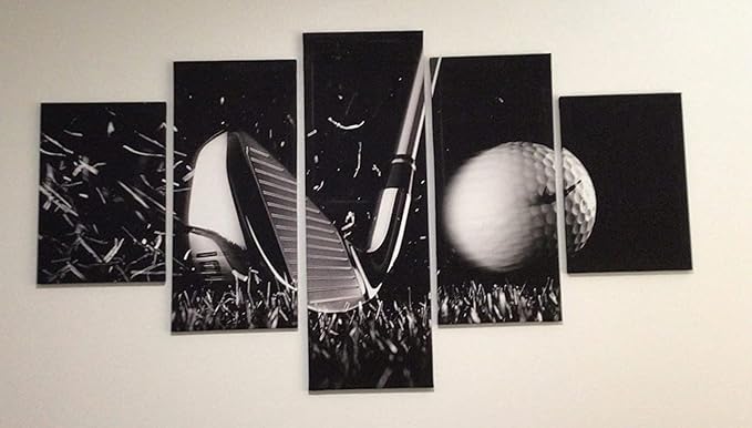 Golf Pctures Wall Decor Black and White Paintings Golf Course Wall Art for Living Room Golfing Sports Artwork 5 Piece Prints on Canvas House Modern Decor Giclee Framed Ready to Hang(60''Wx 32''H)