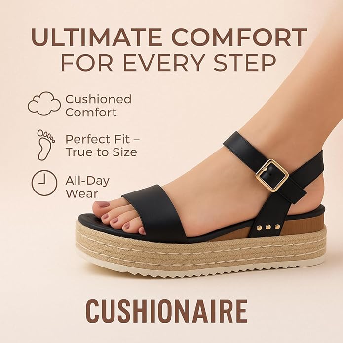 CUSHIONAIRE Melissa Espadrille Platform Sandals For Women with Adjustable Ankle Strap and Memory Foam Insole-Comfortable Womens Sandals for Summer