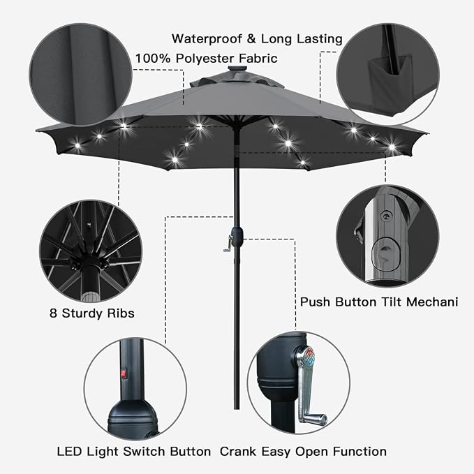 Sunnyglade 9' Solar LED Patio Umbrella, 8 Ribs, Tilt & Crank | 9Ft Patio - Image 2