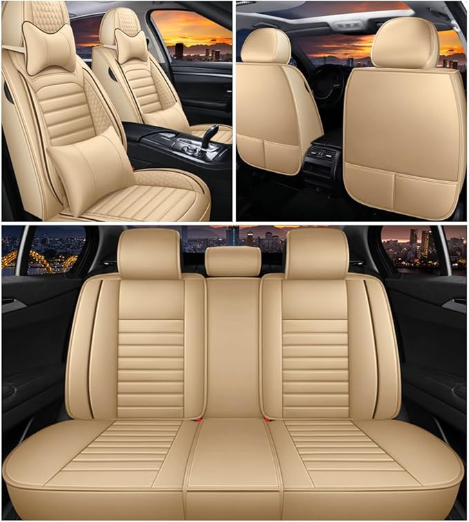Leather Car Seat Covers for Volkswagen Golf Alltrack 2017-2019,Car Seat Covers Full Set,Seat Covers with Safety,Waterproof Seat Cover Compatible Airbag(5pcs Beige Luxury)