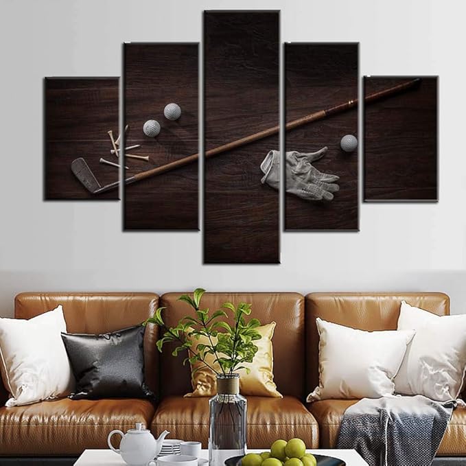 Golf Wall Art Black and White Painting Golfing Sports Picture for Living Room Multi Panel Prints on Canvas Abstract Artwork Giclee House Decor Wooden Framed Stretched Ready to Hang Gift(60''Wx40''H)