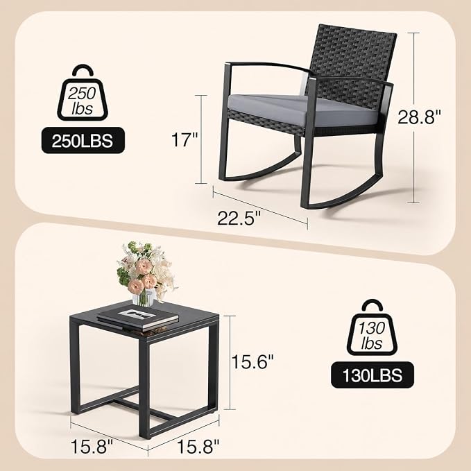 Qsun 3 Pieces Patio Furniture Set Rocking Bistro Set Outdoor Rattan Conversation - Image 2