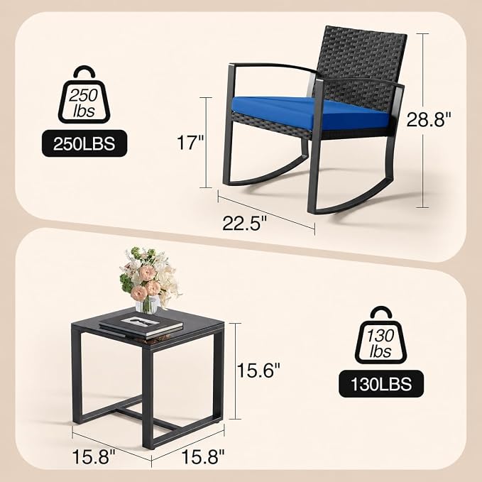 Qsun 3 Piece Patio Bistro Set Patio Furniture Set Outdoor Wicker Rocking - Image 2