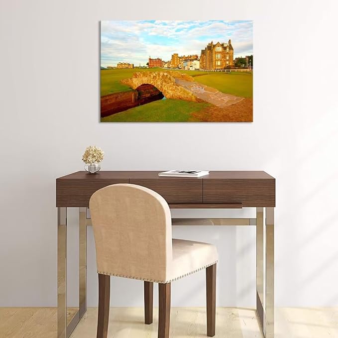 St Andrews Golf Course Wall Art for Living Room Bedroom Home Decorations Golf Course Swilcan Bridge St Andrews Picture Poster Framed Artwork Canvas Prints Ready to Hang(28''H x 44''W)